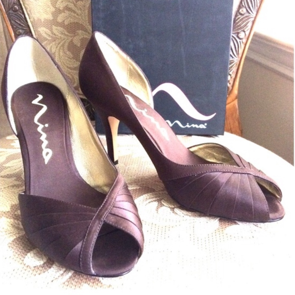 Nina Fleur chocolate brown satin heels